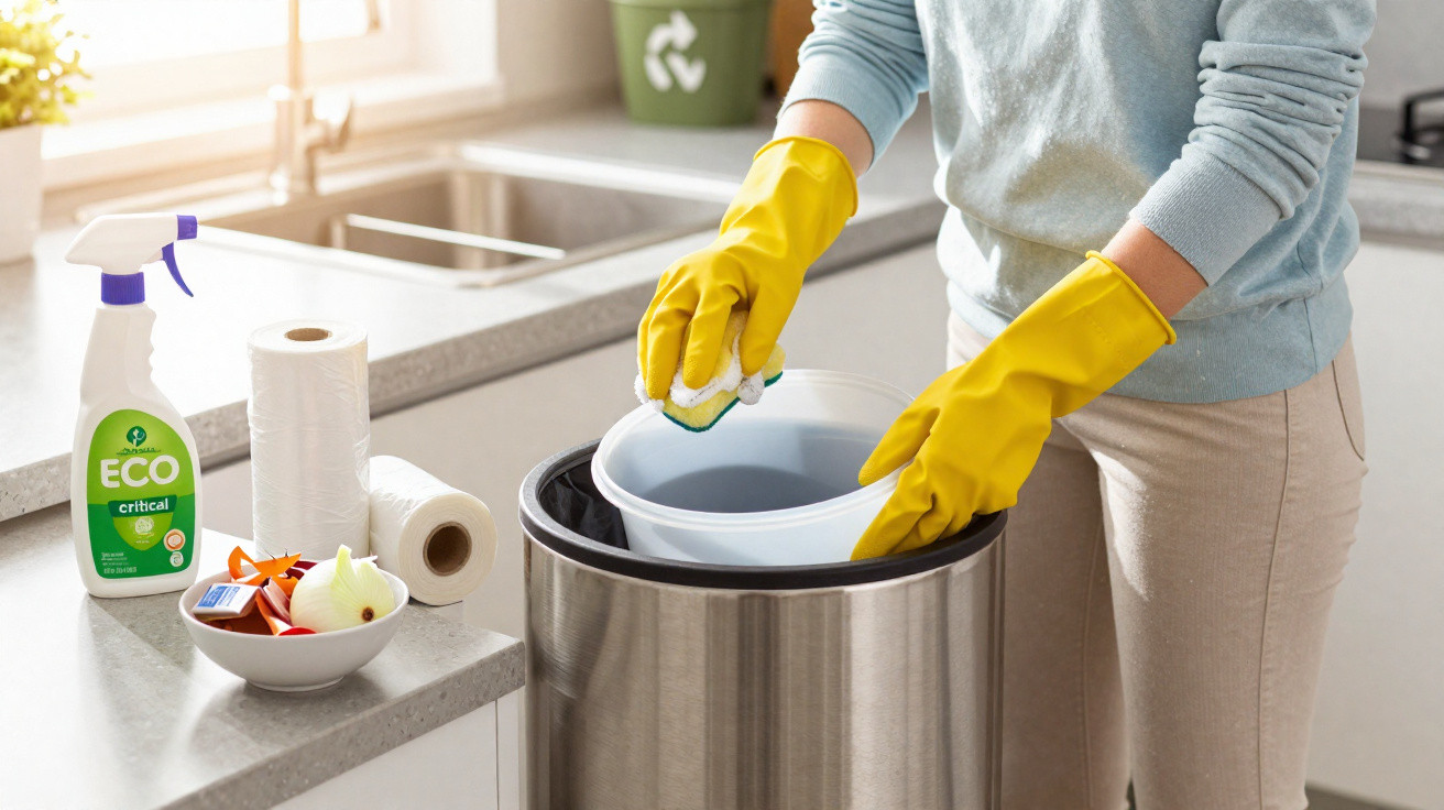 Pessoa com luvas amarelas a limpar balde para reciclagem na cozinha, com produtos de limpeza ecológicos ao lado.