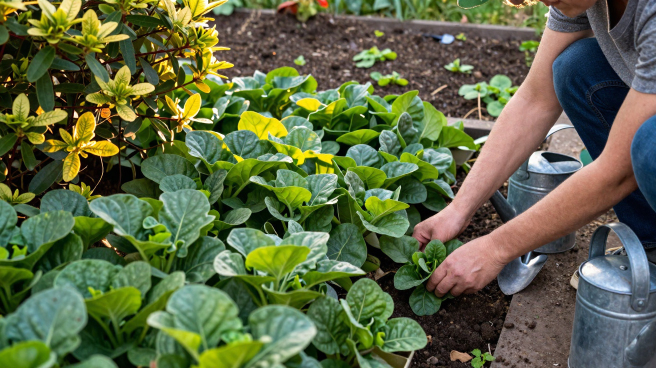 Pessoa a cuidar de plantas verdes num jardim, com regadores metálicos ao lado.