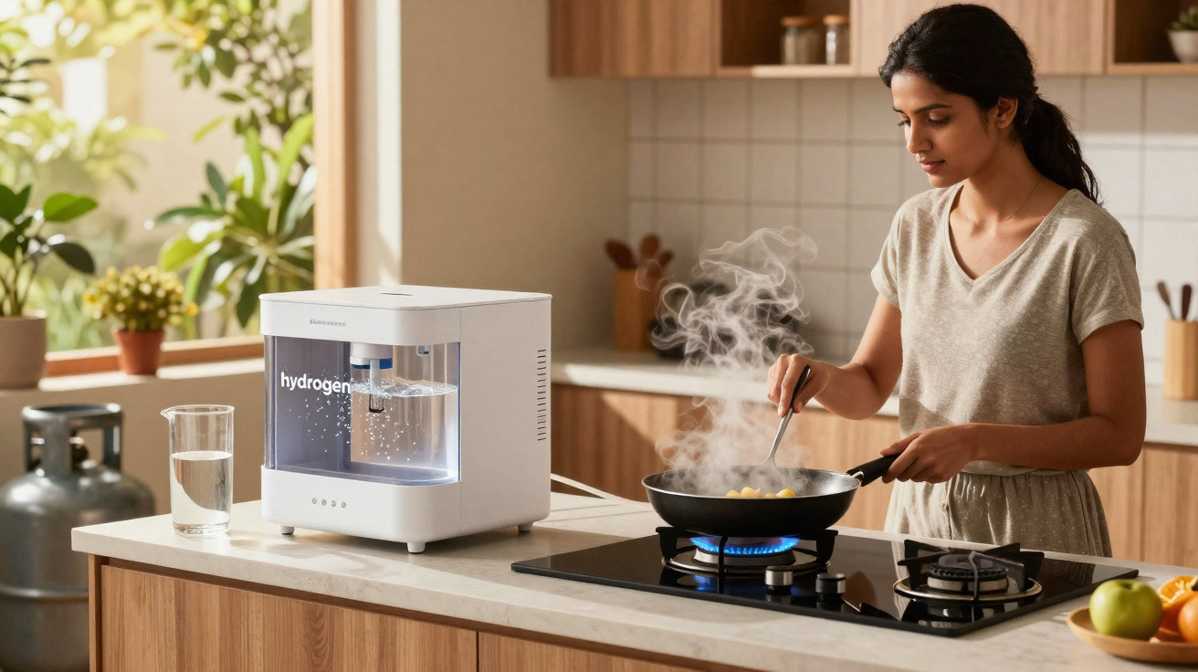 Mulher a cozinhar numa cozinha moderna com aparelho de hidrogénio e copo de água na bancada.