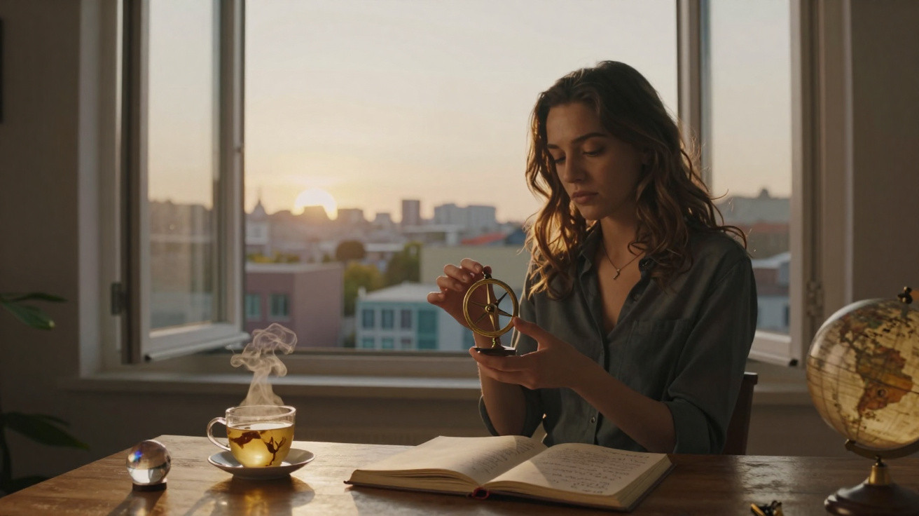 Mulher a estudar num escritório ao pôr do sol, segurando um astrolábio, com chá e globo na mesa.