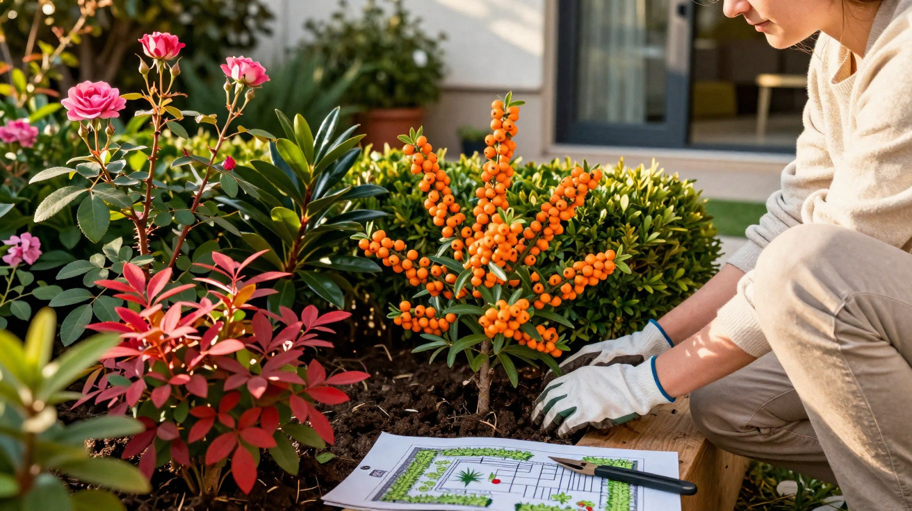 Pessoa a cuidar de plantas com flores cor-de-rosa, bagas laranja e plano de jardim sobre madeira ao lado.