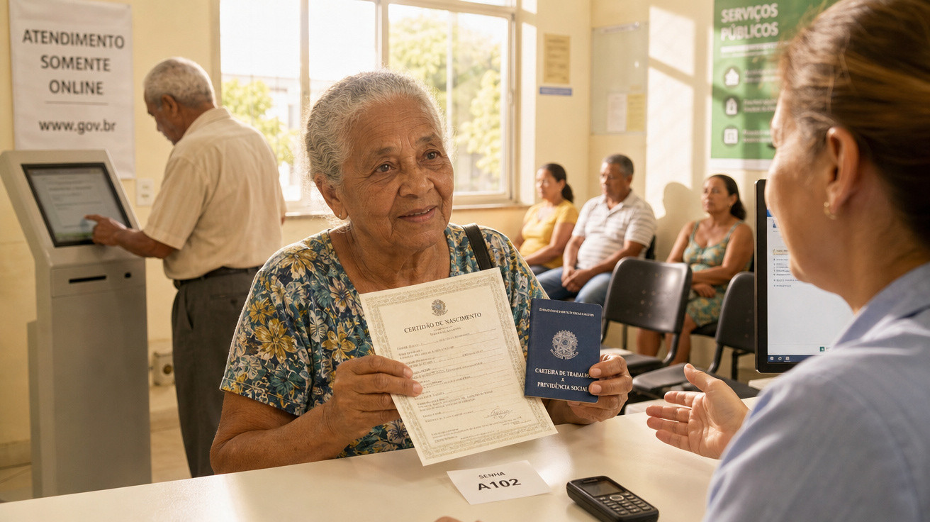 Idosa mostra documentos a funcionária em balcão de atendimento de serviços públicos.
