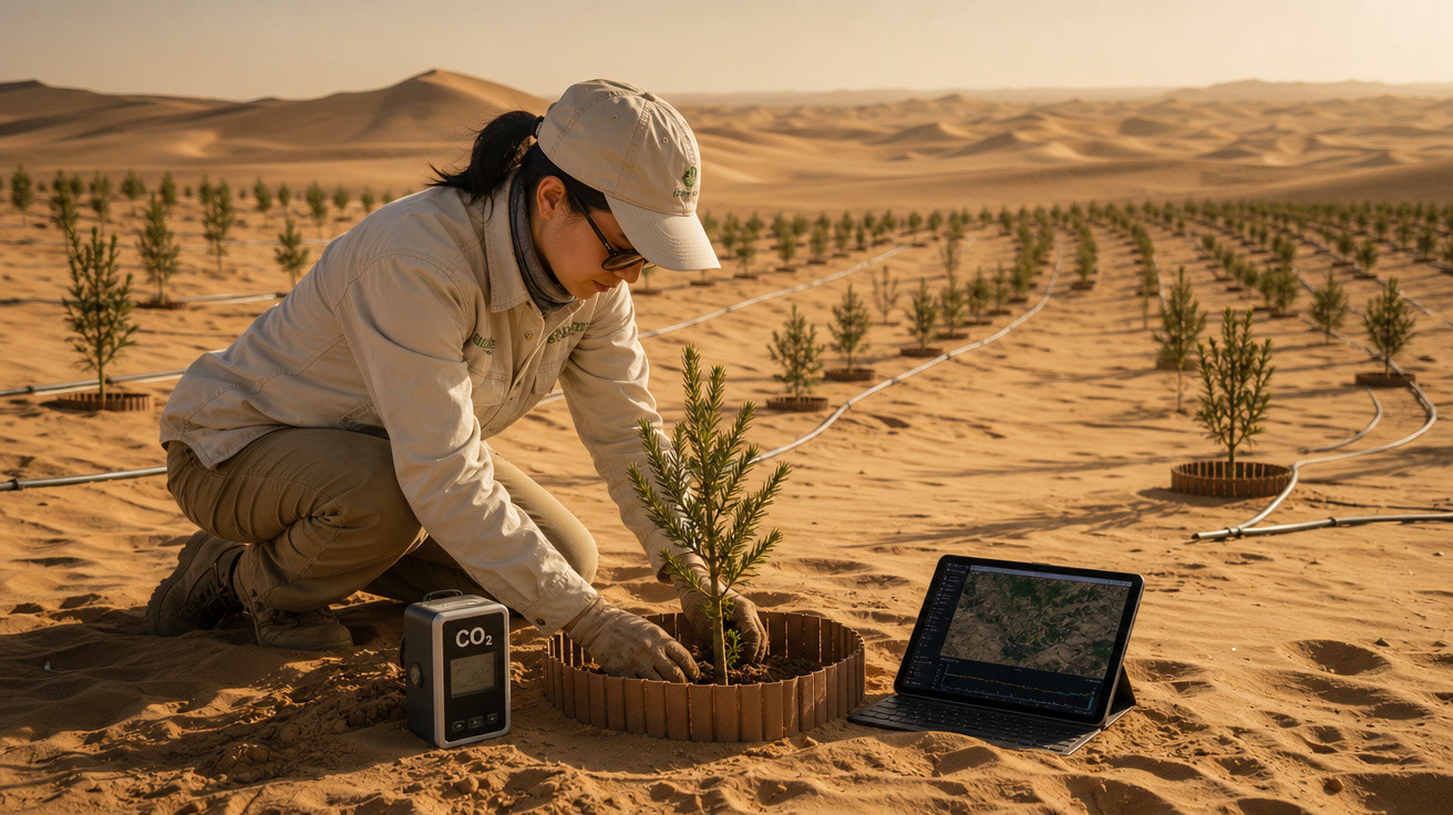 Mulher plantando jovem árvore num deserto com rega automática e monitorização via tablet.