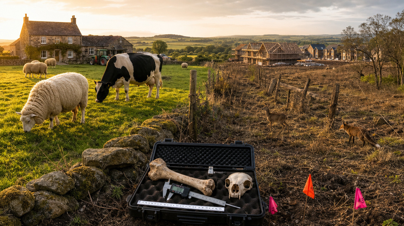 Campos rurais ao pôr do sol com vaca, ovelha, casa, construção e caixa com ossos e instrumentos de medição.