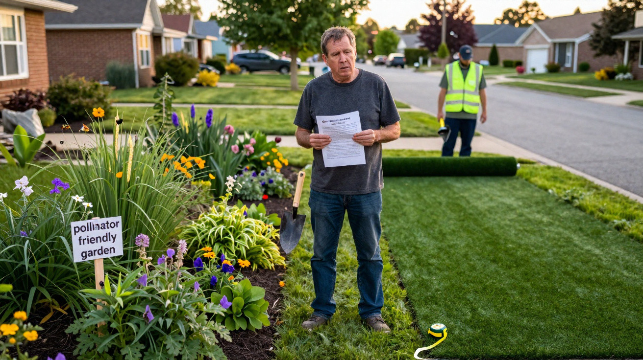 Homem lê papel junto a jardim com flores e homem ao fundo a rolar relvado artificial numa rua residencial.