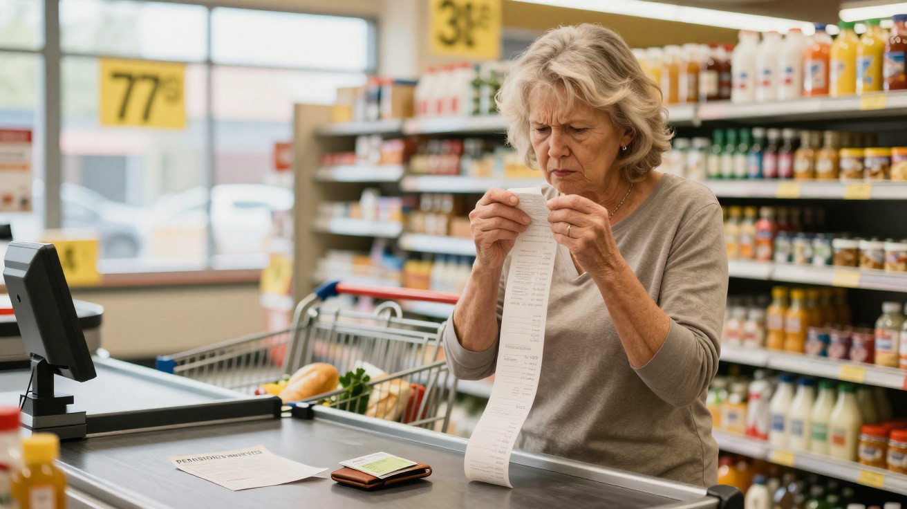 Mulher idosa a analisar atentamente o talão de compras num supermercado junto à caixa.