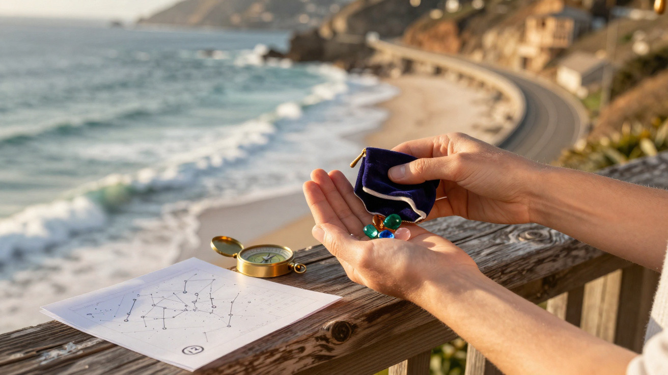 Mãos segurando pérolas coloridas com mapa estelar e bússola sobre guarda-corpo junto ao mar.