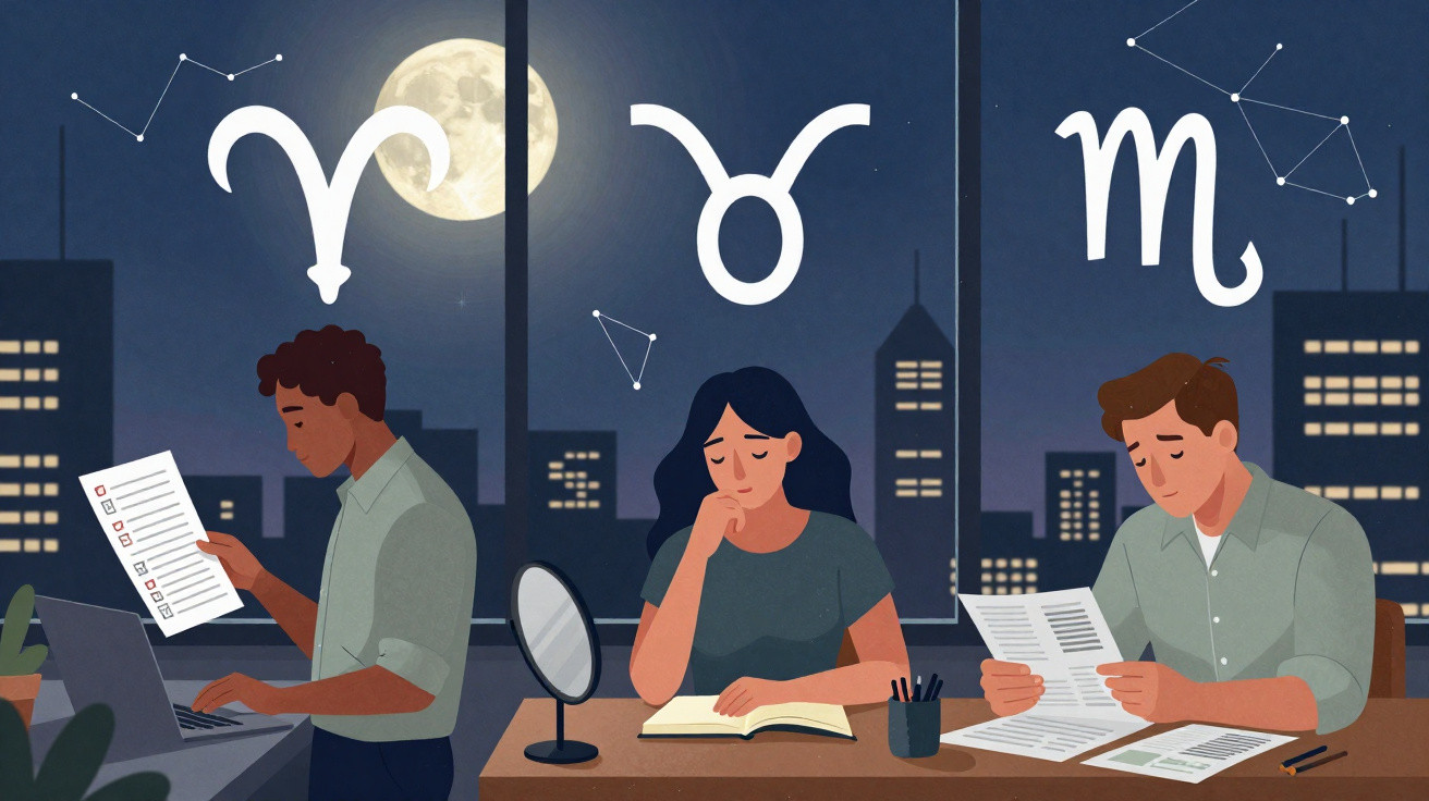 Três pessoas a estudar numa mesa à noite com símbolos dos signos áries, touro e escorpião no vidro da janela.