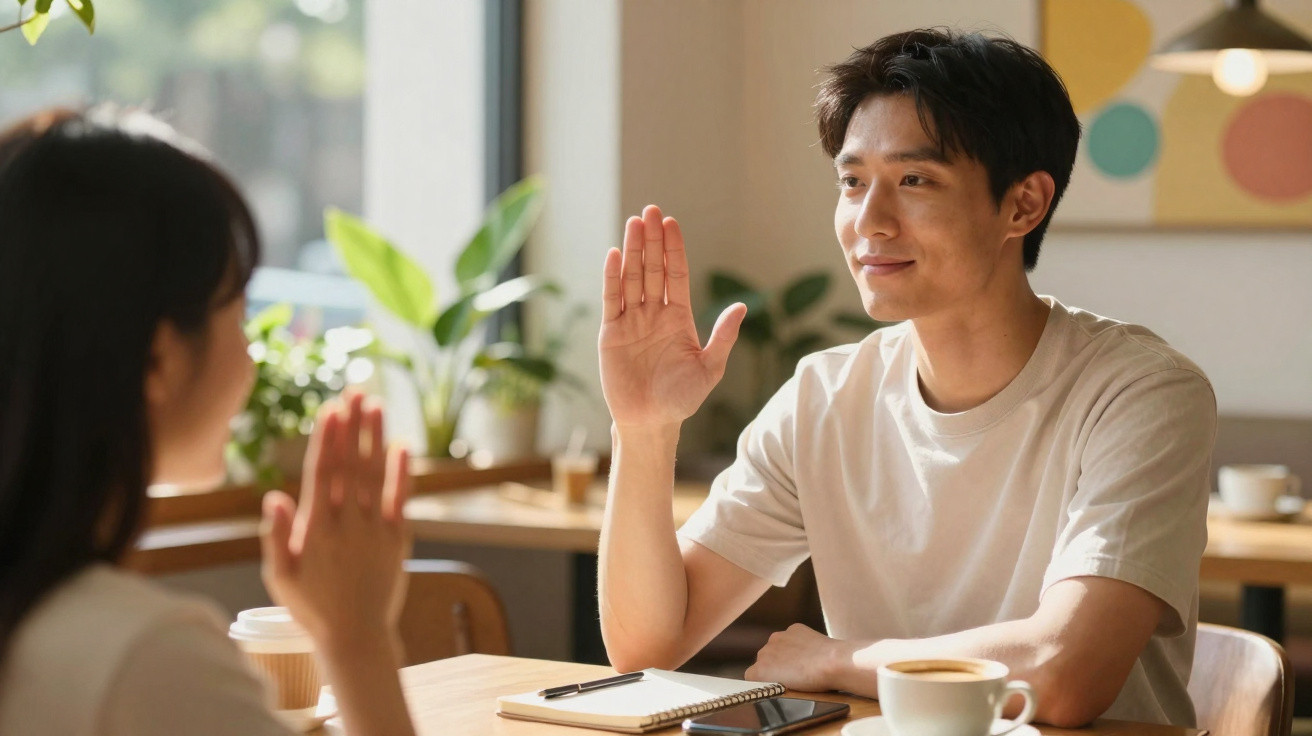 Dois jovens numa mesa de café a cumprimentarem-se com um toque de mãos, ambiente luminoso e descontraído.