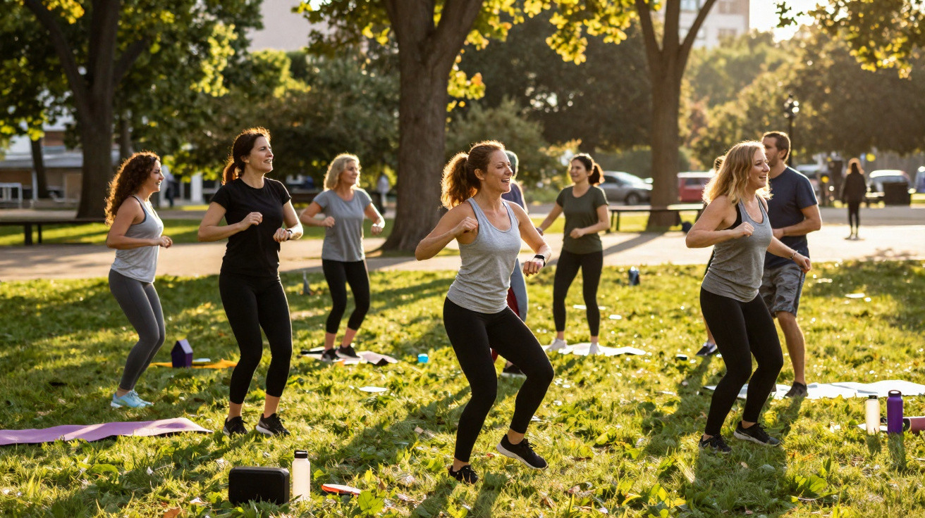 Grupo de pessoas a fazer exercício ao ar livre num parque ensolarado ao fim da tarde.