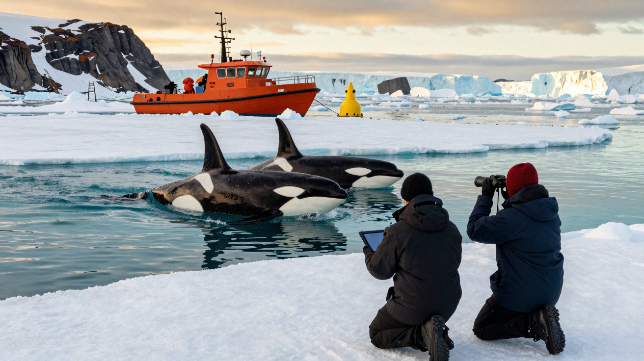 Duas orcas nadam junto a icebergues com dois observadores e um barco laranja em ambiente polar gelado.