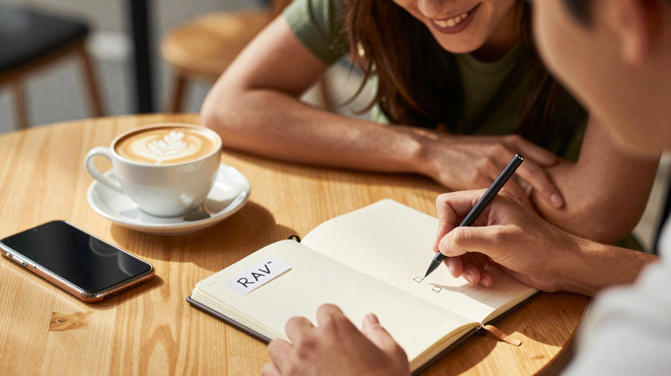 Duas pessoas a fazer uma lista num caderno, com um café e um telemóvel numa mesa de madeira.