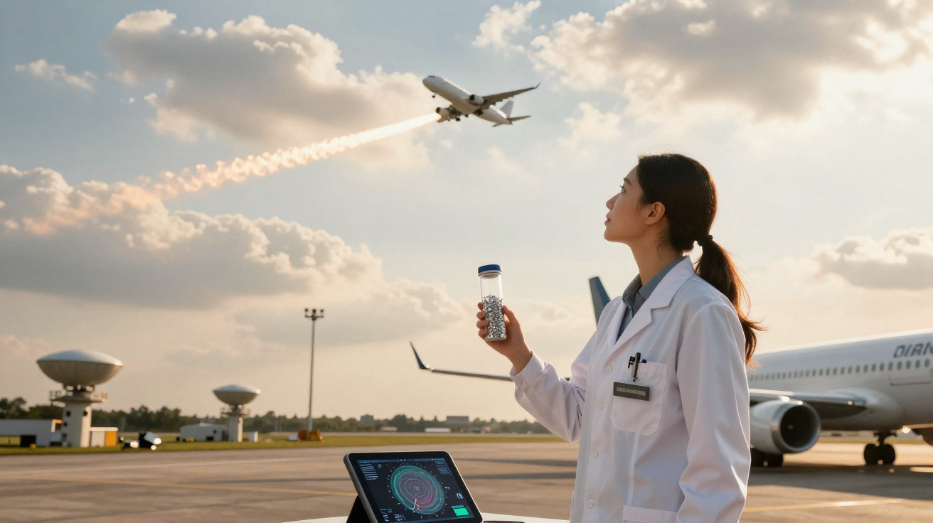 Mulher cientista no aeroporto observa avião a descolar segurando frasco de cápsulas, com monitor de controlo ao lado.