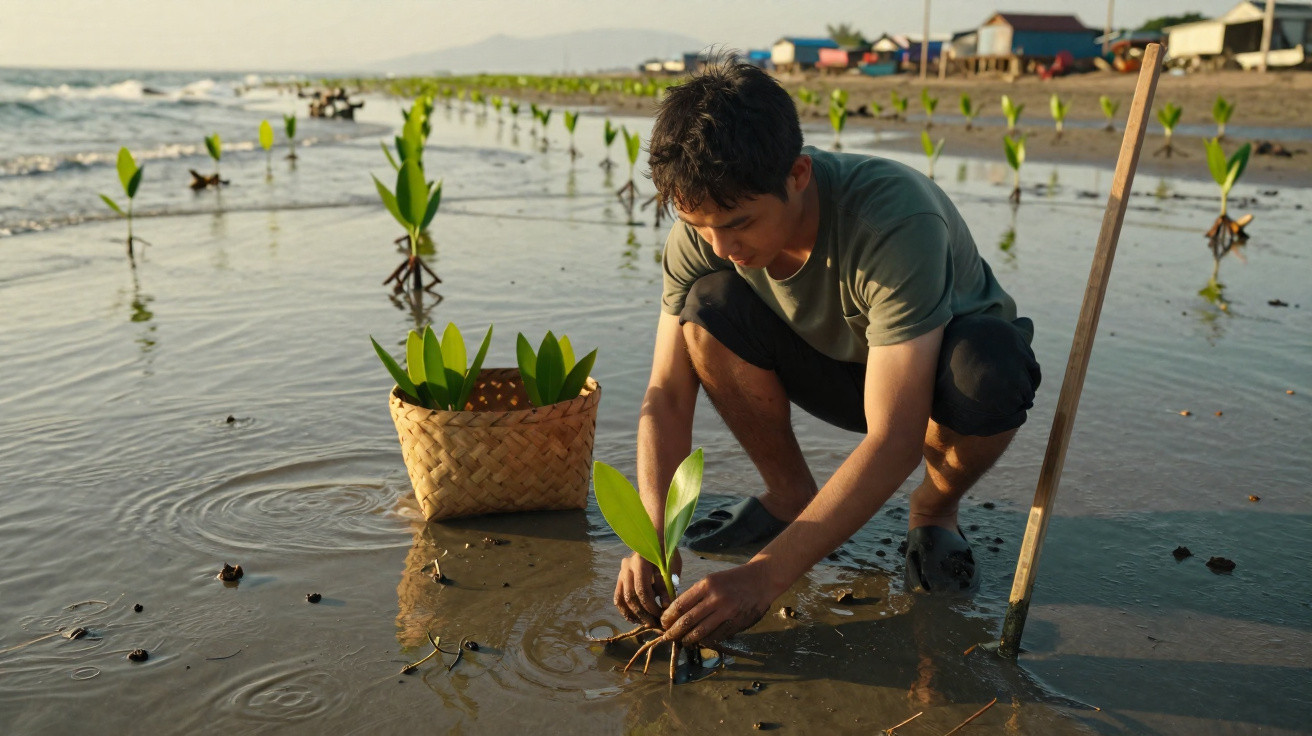 Jovem a plantar rebentos de mangue numa zona costeira alagada ao pôr do sol.