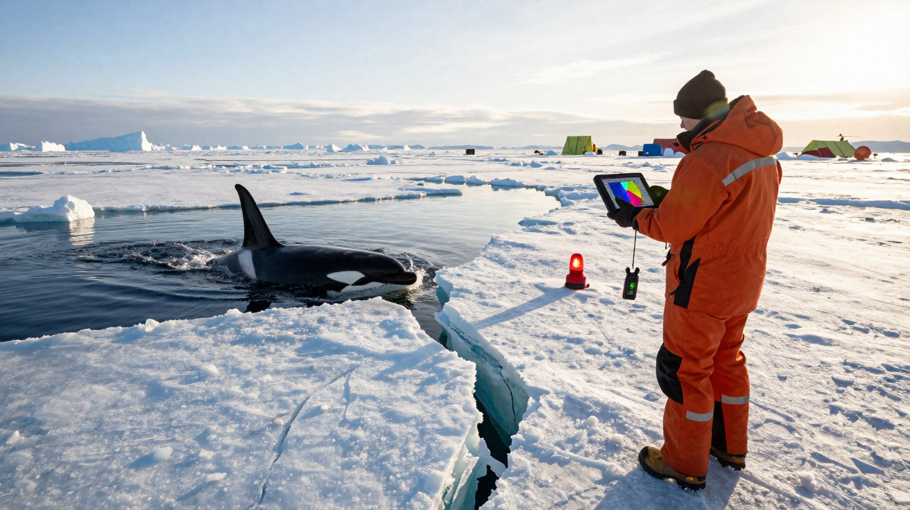 Pessoa em fato térmico laranja observa orca perto de gelo no Ártico com equipamento de medição digital.
