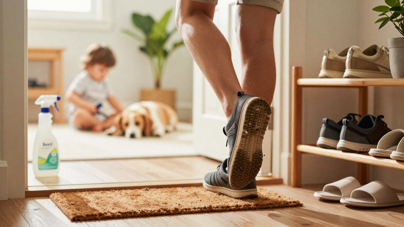 Pessoa com ténis a entrar em casa, criança a brincar e cão deitado no chão ao fundo.