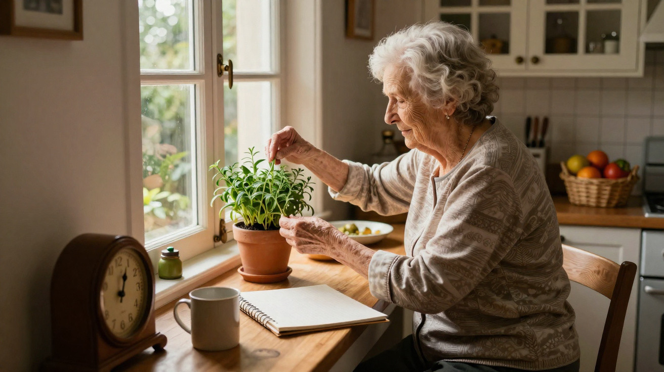 Idosa a cuidar de planta numa varanda, com caderno e caneca sobre mesa de madeira.