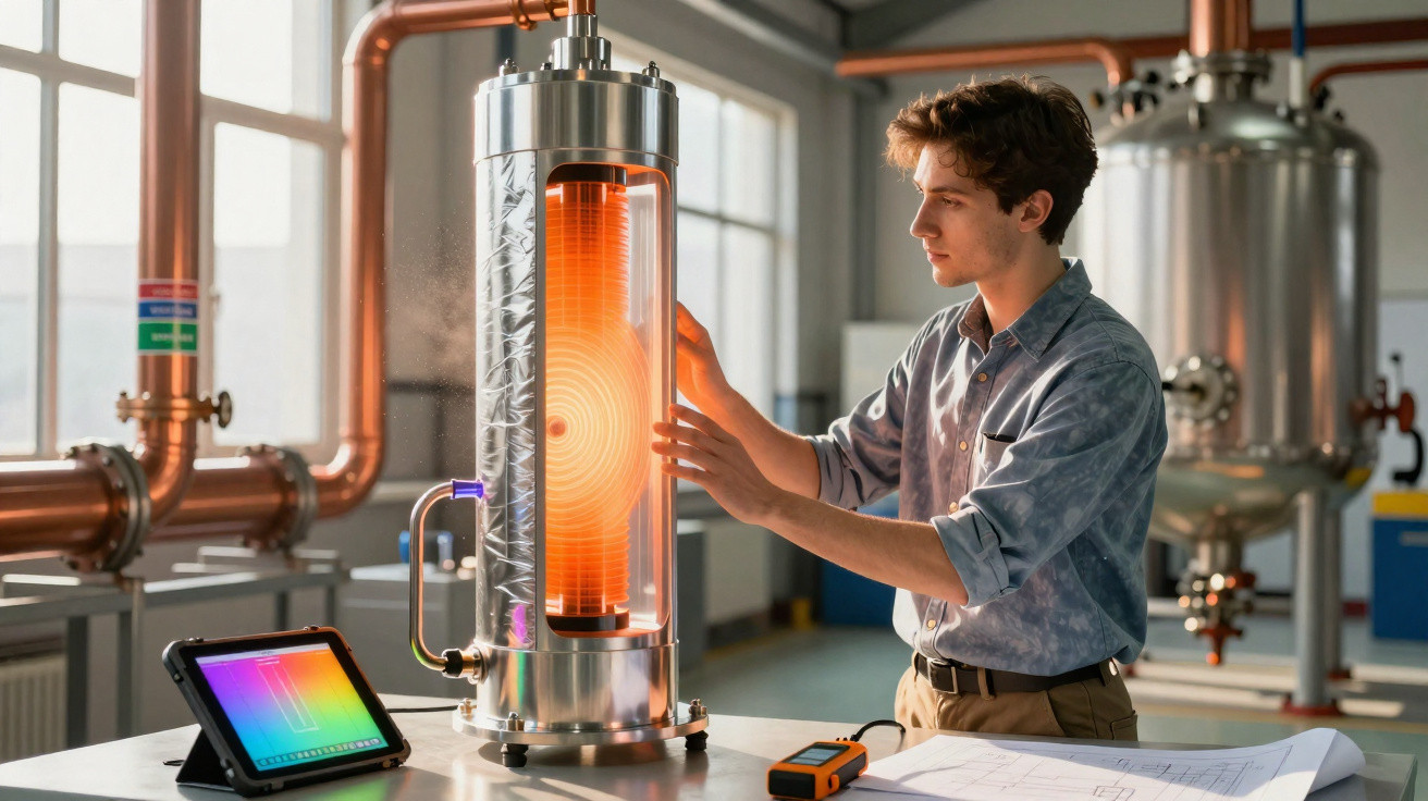 Homem jovem em laboratório a operar equipamento científico tubular com visor luminoso laranja.