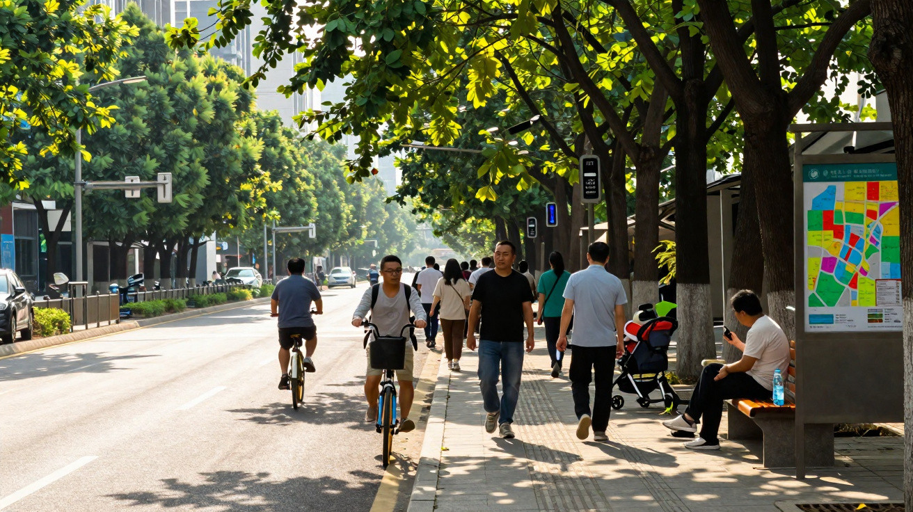 Rua urbana com pessoas a caminhar, andar de bicicleta e sombra de árvores numa tarde soalheira.