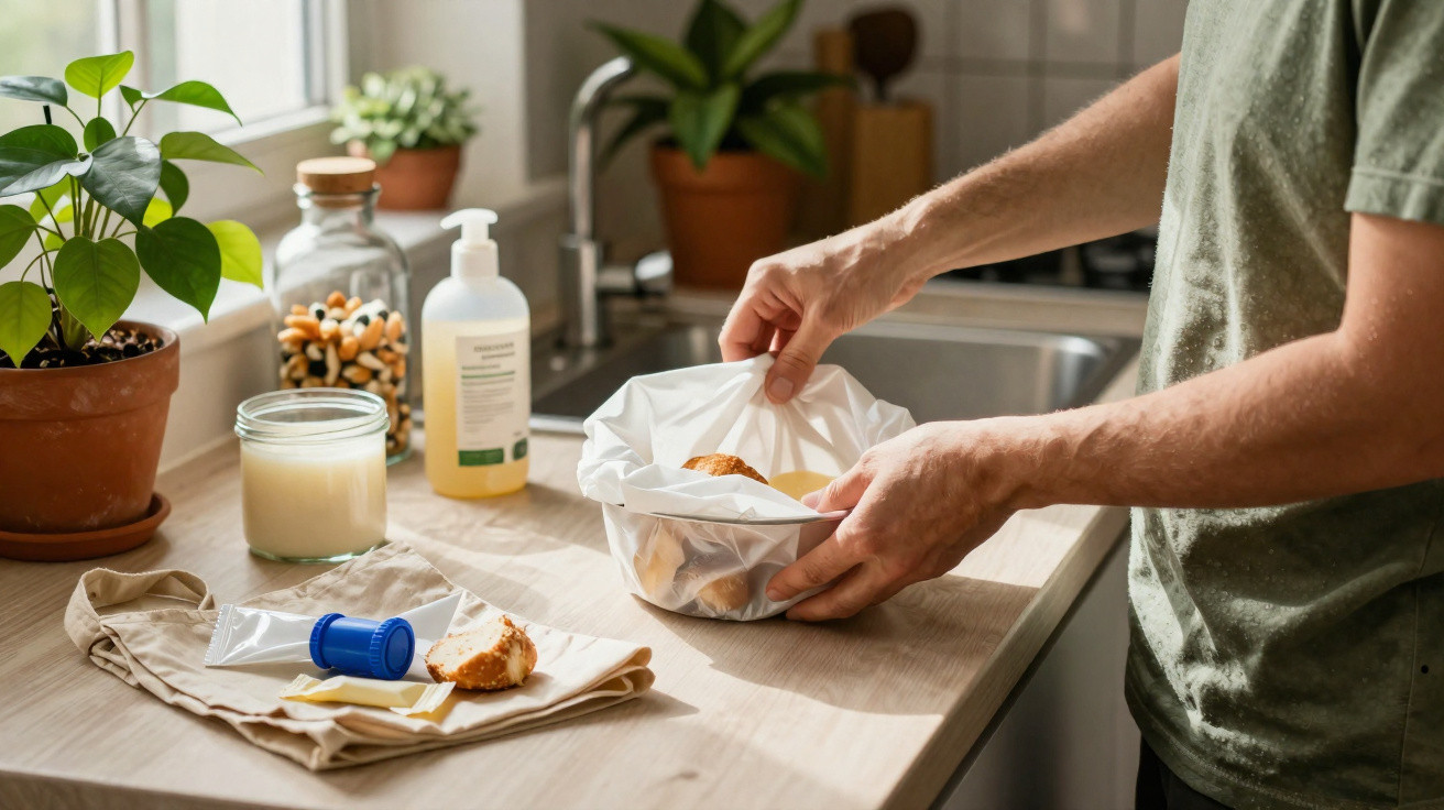 Pessoa a embrulhar pão numa cozinha com plantas, vela e jarro de biscoitos sobre a bancada de madeira.
