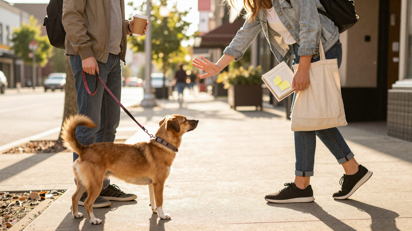 Pessoa a cumprimentar um cão pequeno com coleira na rua ao lado do dono segurando uma bebida.