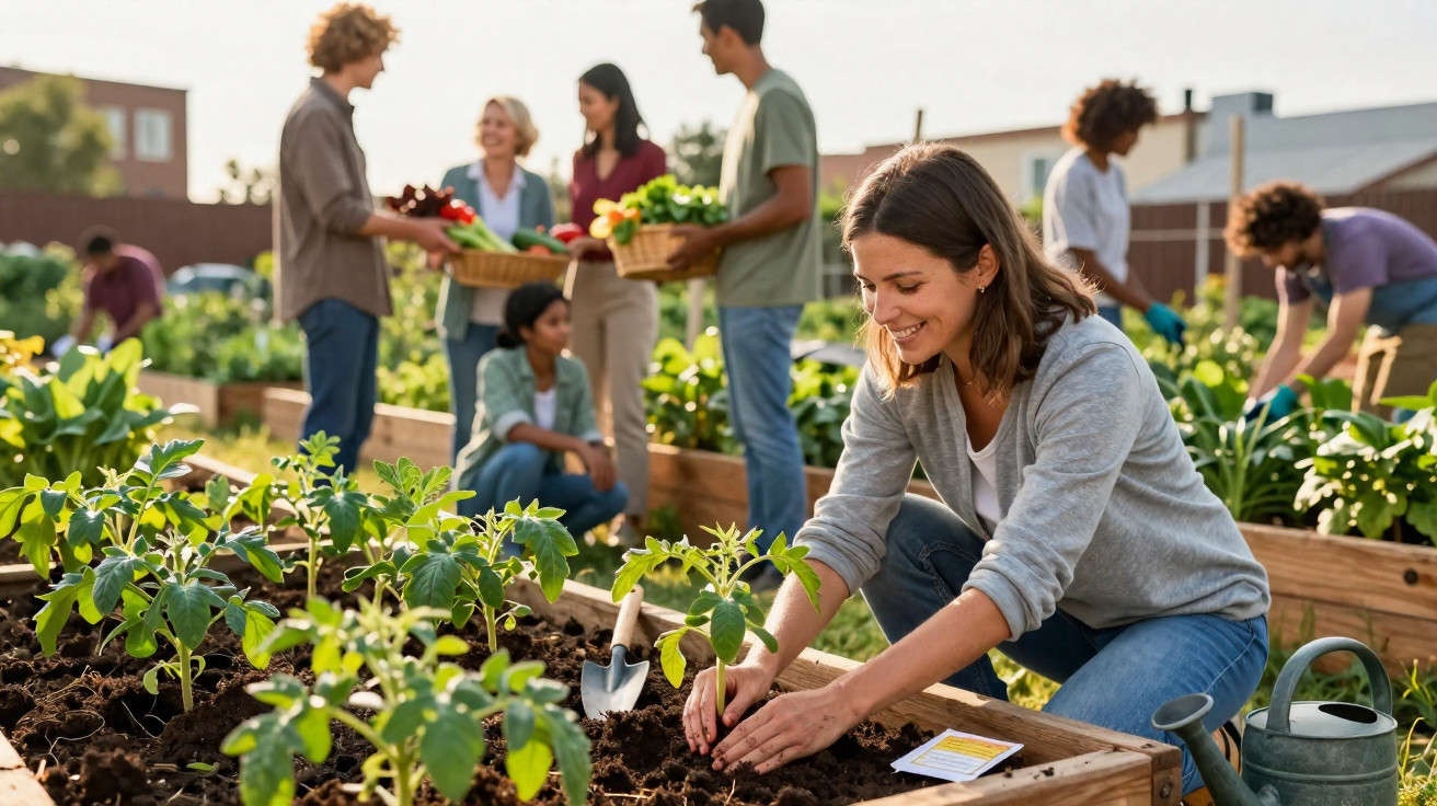 Grupo de pessoas a cultivar e colher legumes numa horta comunitária ao ar livre ao pôr do sol.