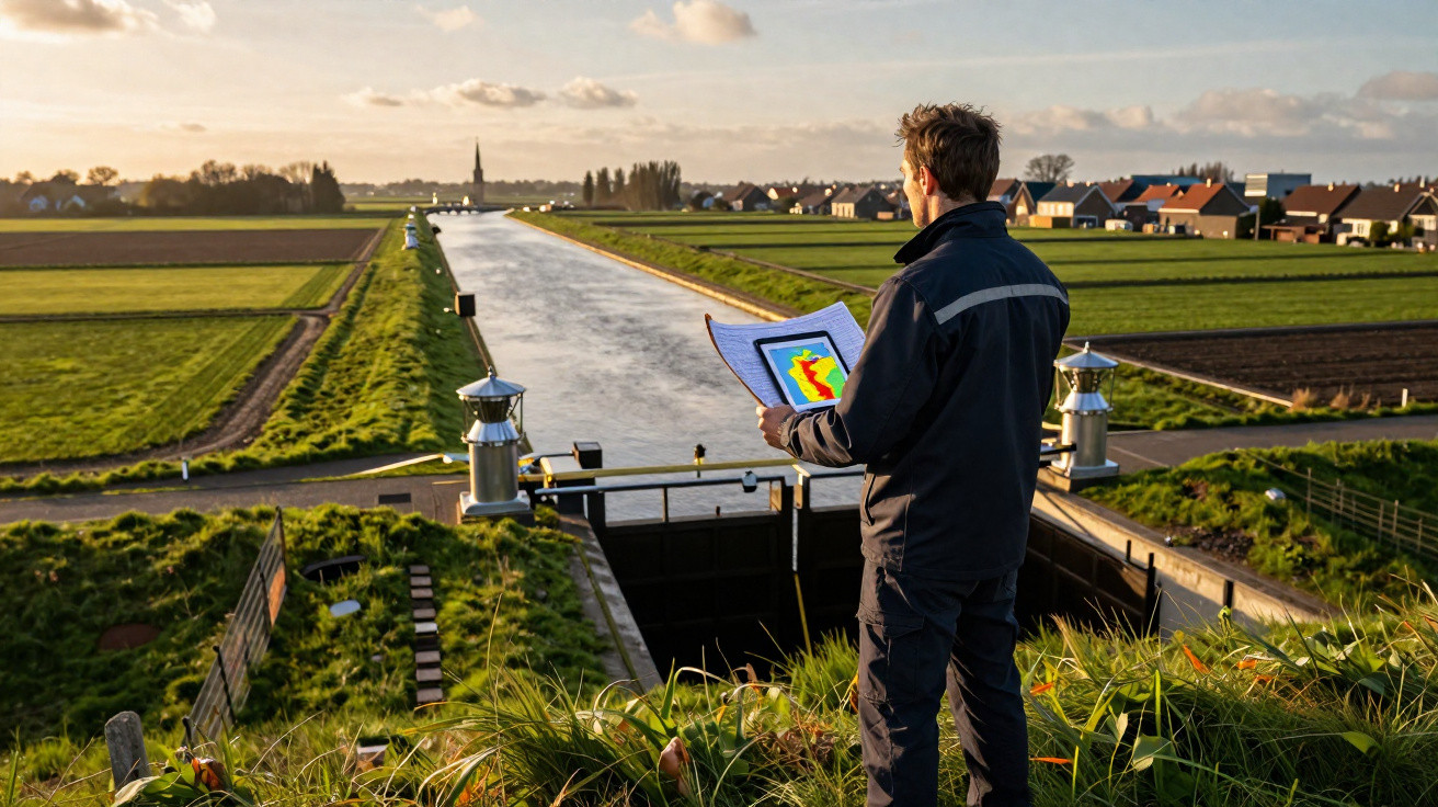Homem com tablet e plantas observa canal de água e campos agrícolas à luz do pôr do sol.