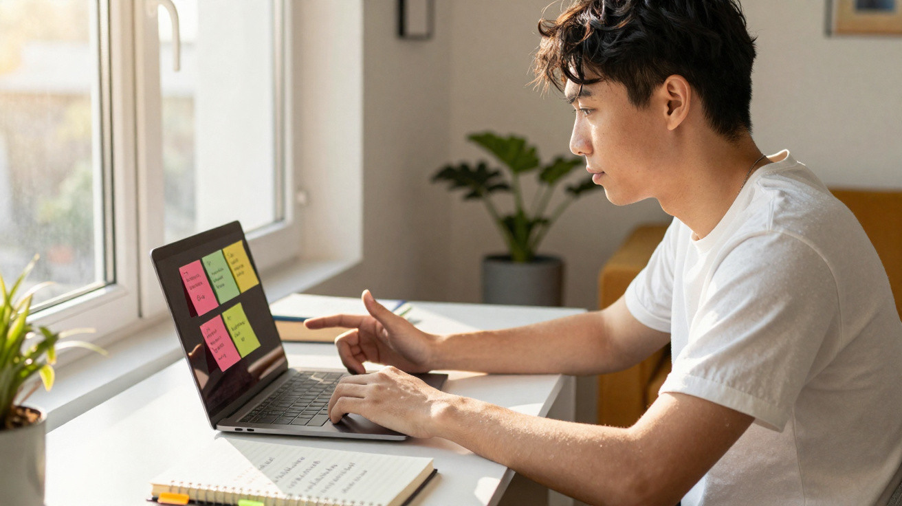 Homem jovem a trabalhar num computador portátil com notas coloridas na tela, sentado junto a uma janela.