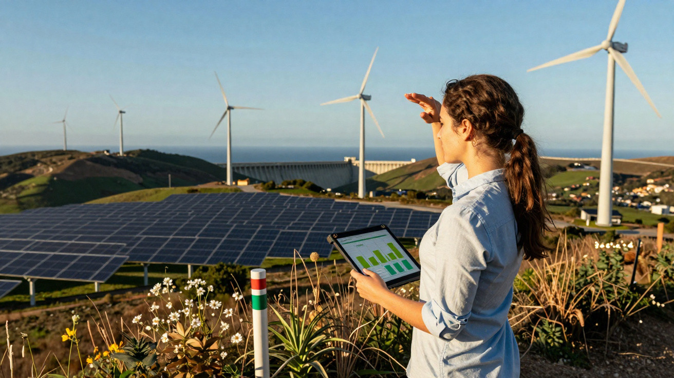 Mulher com tablet observa parque eólico e painéis solares em área rural ensolarada.