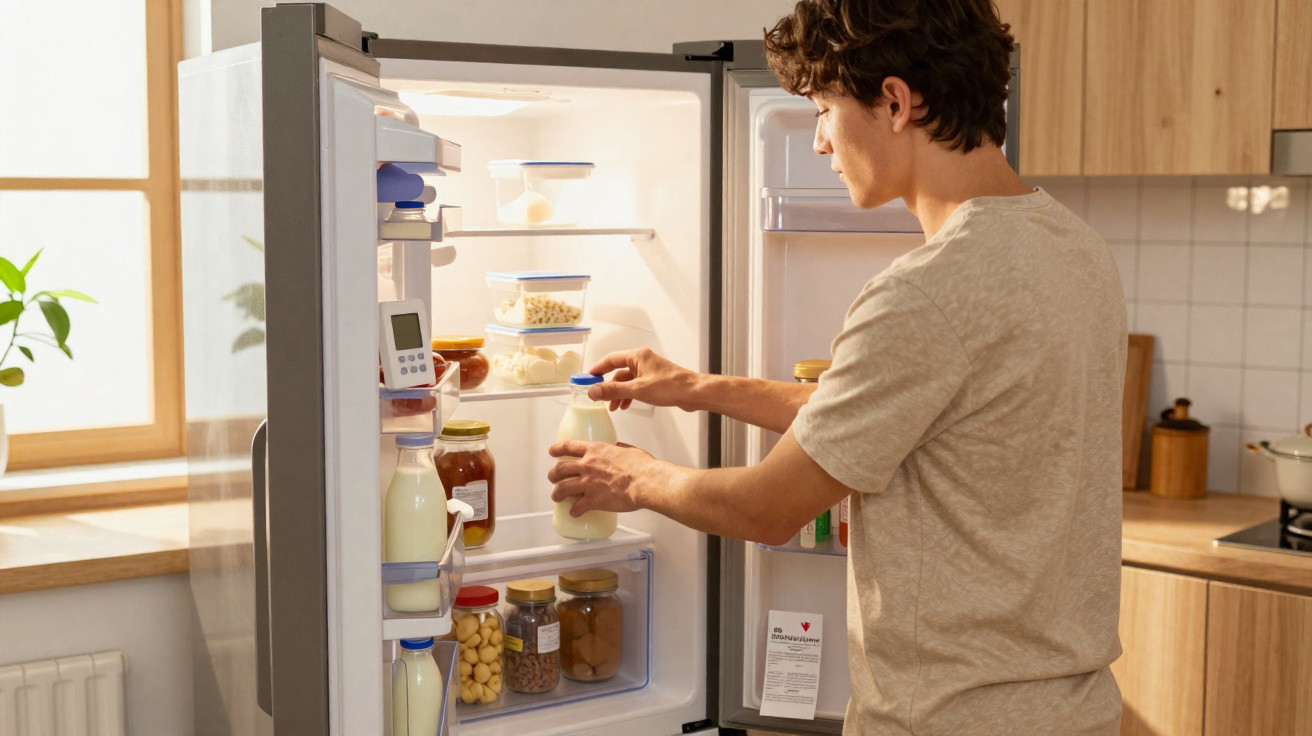 Pessoa a guardar um frasco de leite no frigorífico aberto numa cozinha moderna.