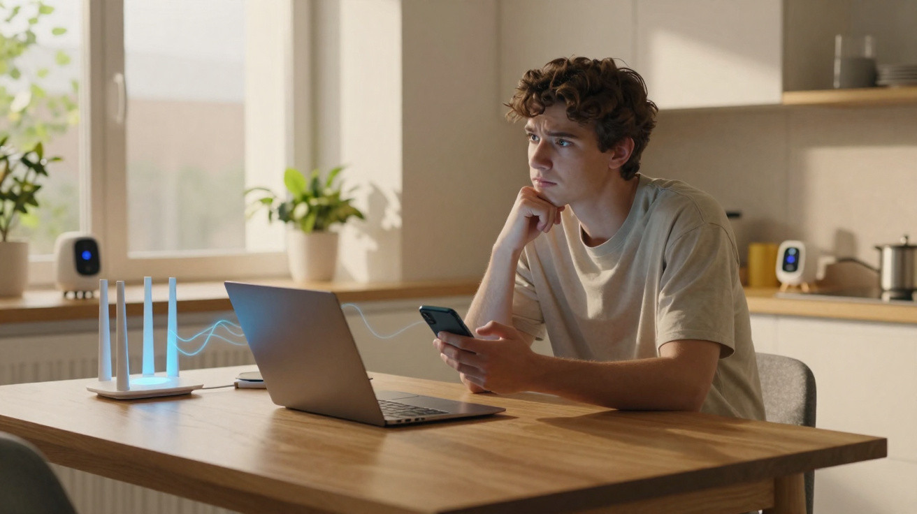 Jovem sentado à mesa, segurando telemóvel e a olhar para o computador portátil ligado a um router com sinal Wi-Fi.