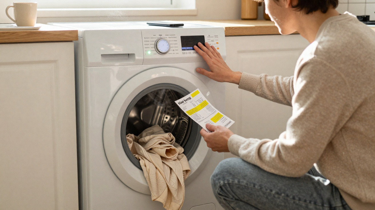 Pessoa a programar máquina de lavar roupa com roupa dentro e a consultar instruções numa folha de papel.