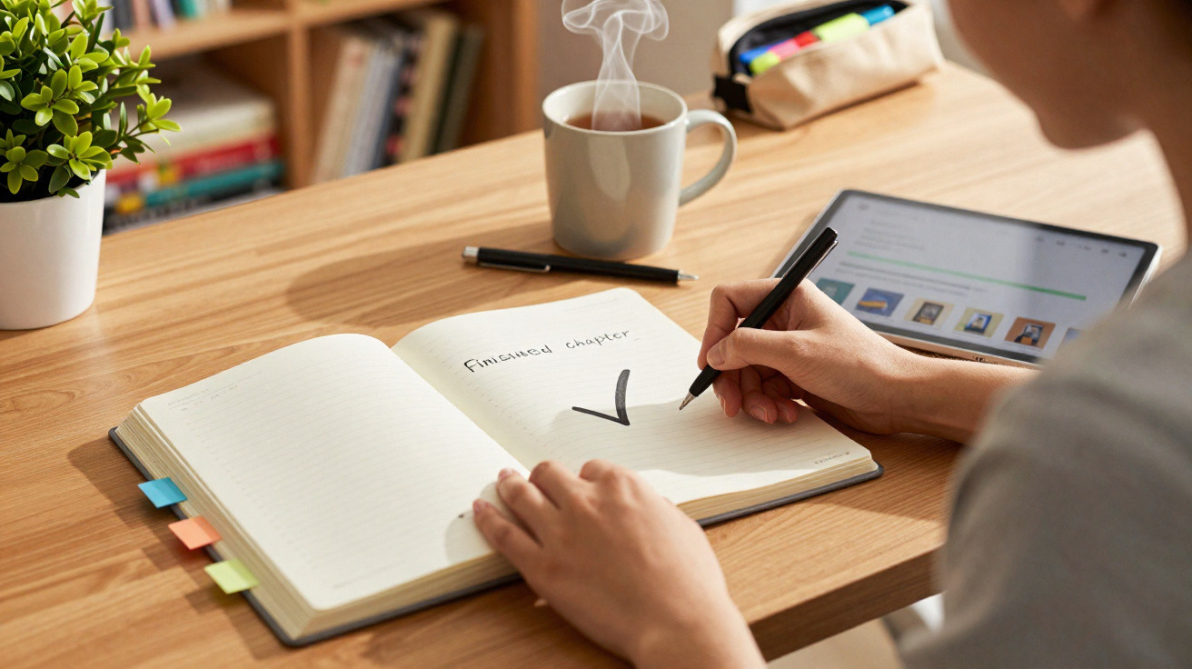 Pessoa a riscar com caneta num caderno aberto onde está escrito "Finished chapter", com chá quente e tablet numa mesa de made