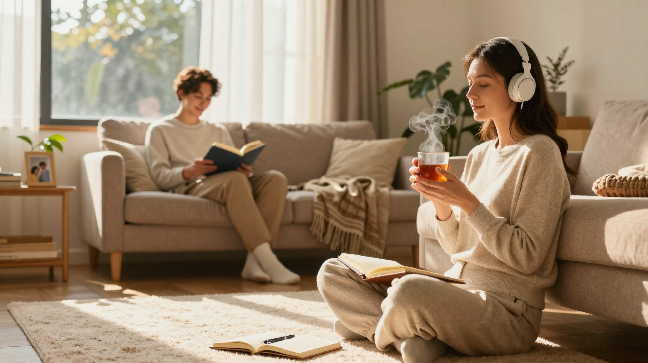 Homem e mulher em casa, ela sentada no chão a ouvir música e beber chá, ele sentado no sofá a ler um livro.