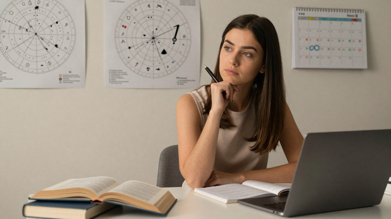 Jovem mulher pensativa com caneta, rodeada de livros e laptop numa mesa de estudo com mapas e calendário na parede.