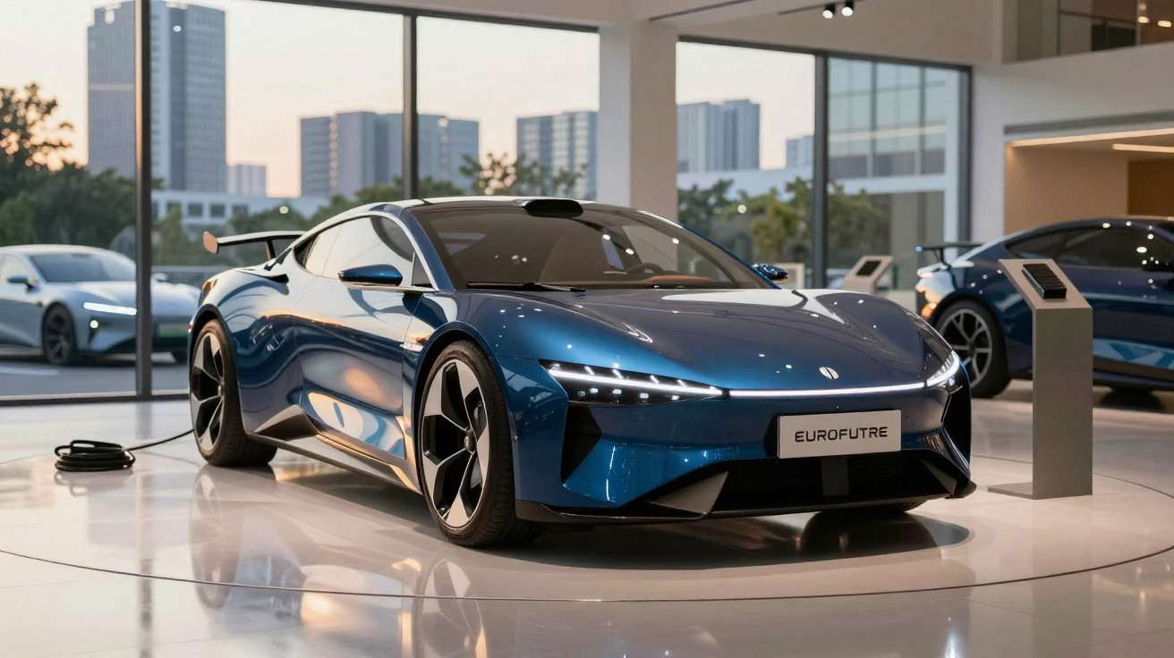 Carro elétrico desportivo azul Eurofuture em exposição moderna com janelas grandes e edifícios ao fundo.