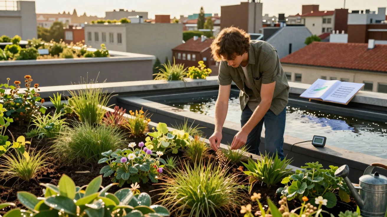 Homem a cuidar de plantas num jardim urbano no terraço com edifícios ao fundo durante o dia.