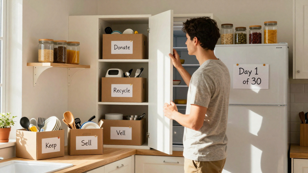 Homem organiza caixas rotuladas numa cozinha, com etiquetas de doação, reciclagem, venda e conservação.