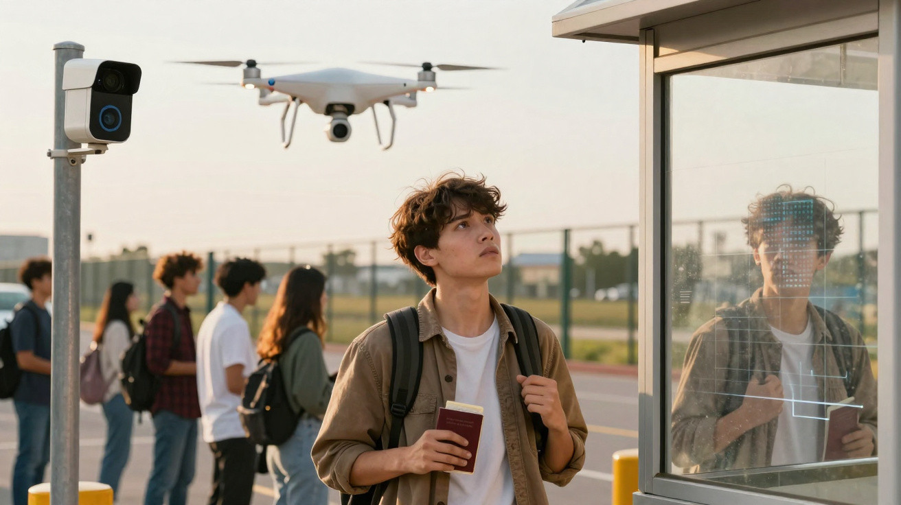 Jovem com mochila e passaporte observa drone perto de um grupo de pessoas à espera, em ambiente urbano exterior.