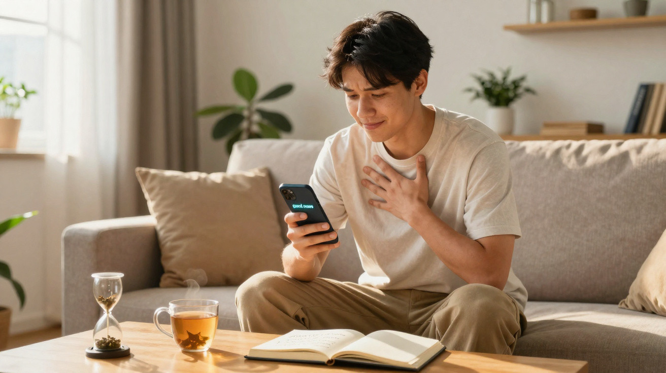 Jovem sentado no sofá a ler mensagem no telemóvel, com chá e livro numa mesa à sua frente.