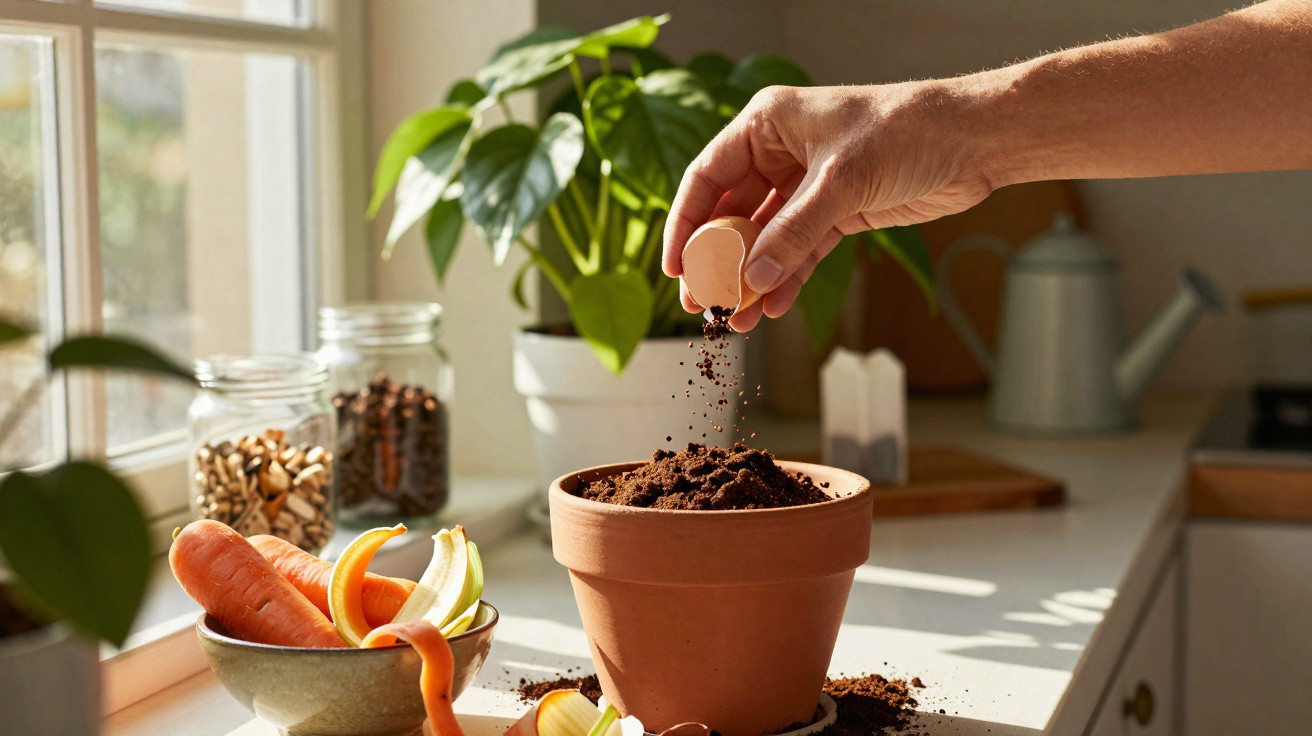 Pessoa a plantar semente em vaso de barro numa cozinha com luz natural e frutas numa tigela.