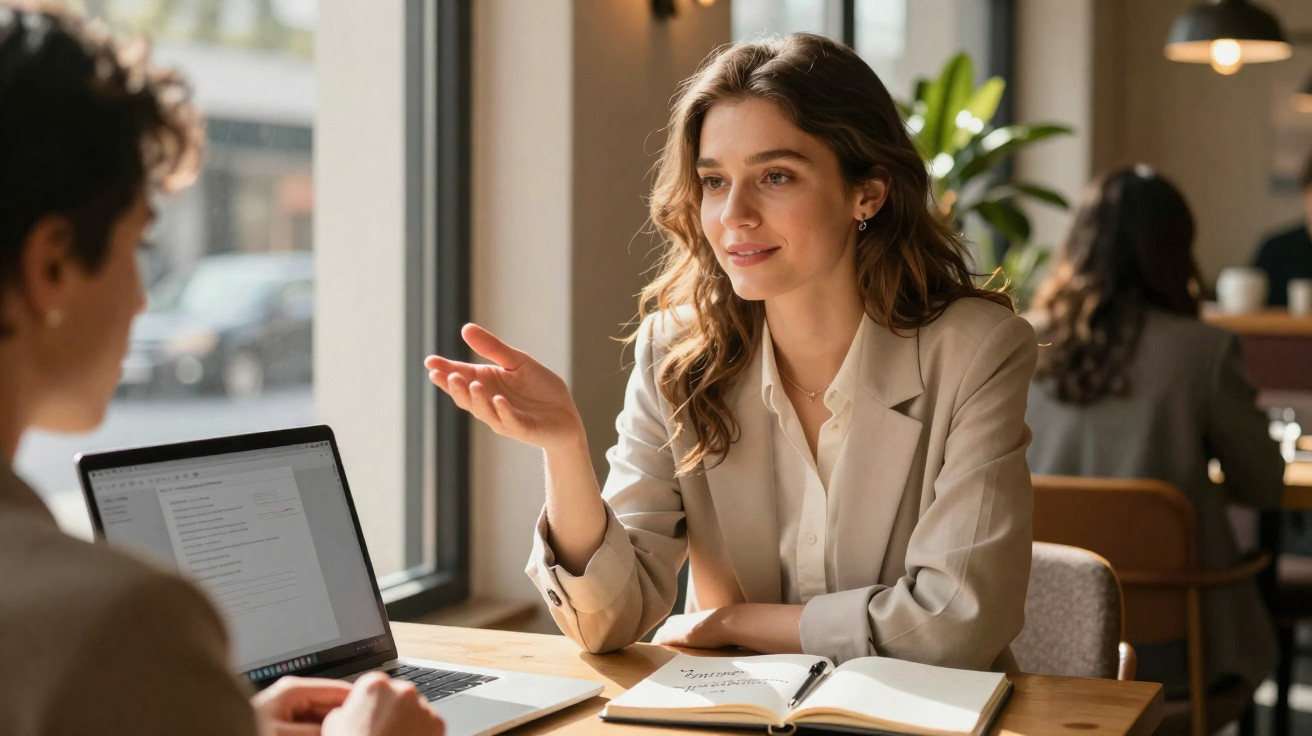 Duas mulheres em entrevista de emprego num café, com portátil aberto e bloco de notas na mesa.