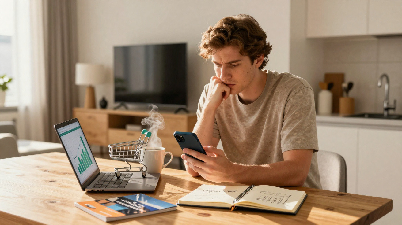Jovem a analisar dados no telemóvel com laptop aberto e caderno numa mesa na cozinha.