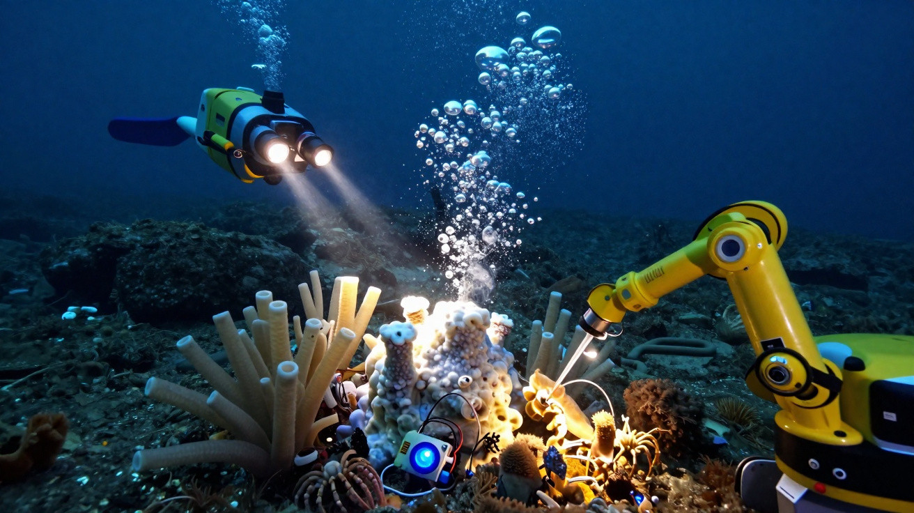 Robô subaquático com luzes investiga coral e manipula objetos no fundo do mar.