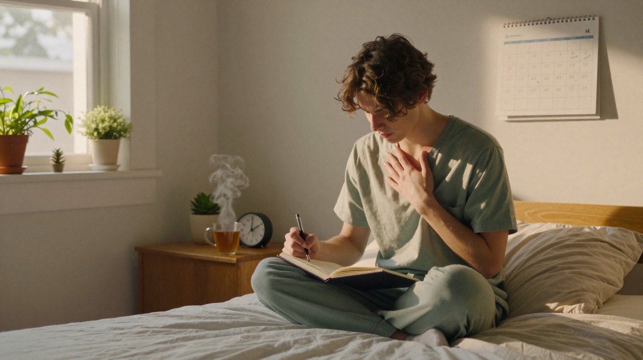 Jovem sentado na cama a escrever num caderno, com chá quente e plantas numa mesa ao lado.