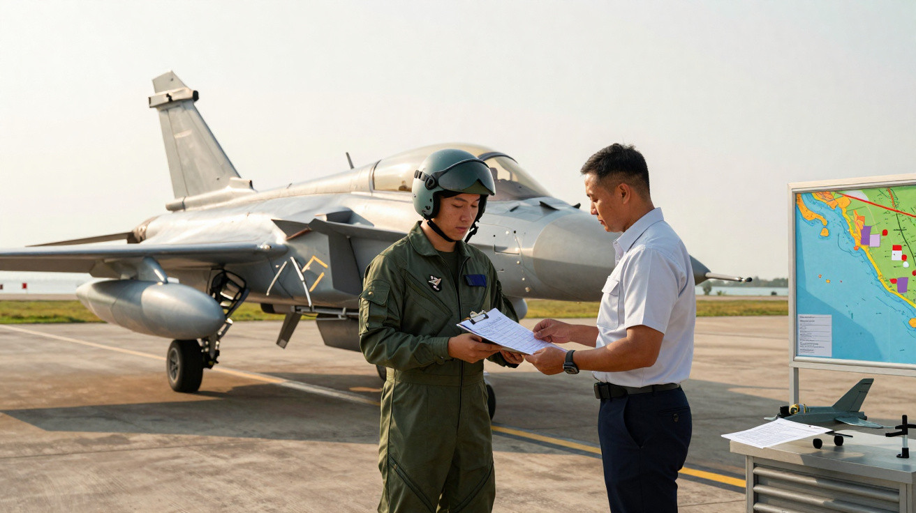 Piloto e oficial revisam documentos junto a caça militar estacionado numa pista aérea durante o dia.