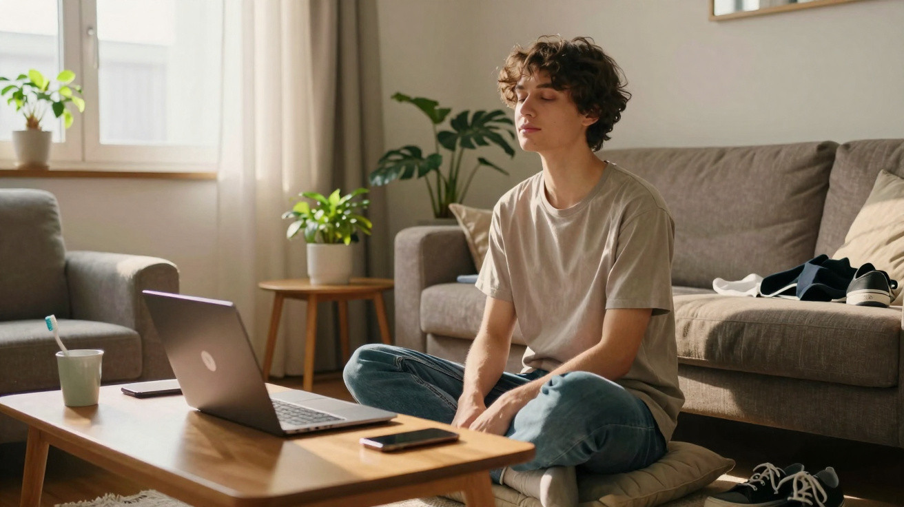Jovem sentado no chão a meditar em sala iluminada, perto de laptop e telemóvel numa mesa baixa.