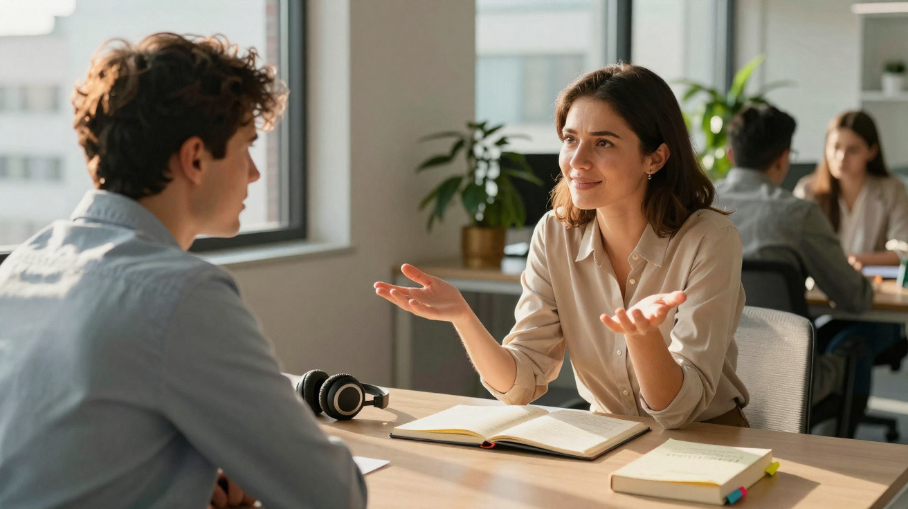 Mulher a conversar animadamente com homem numa mesa de escritório com livros e auscultadores.