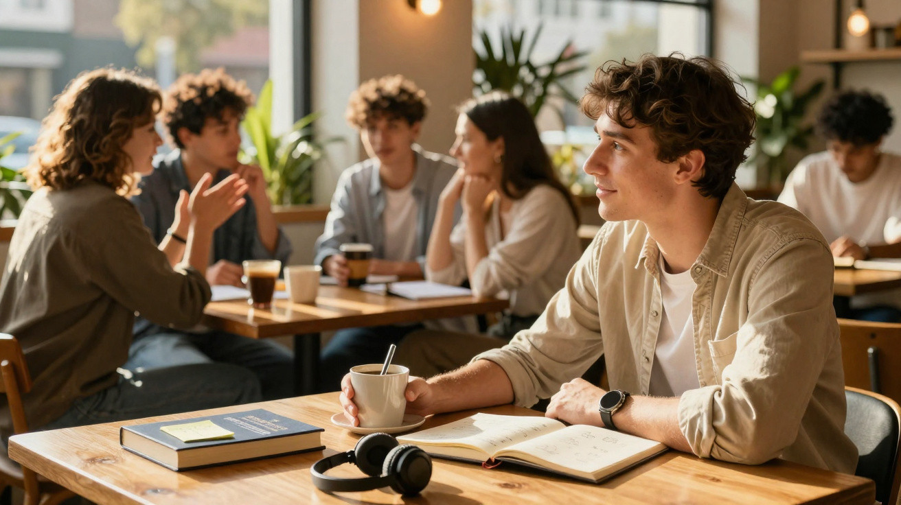 Jovem sentado numa mesa com um caderno aberto e copo na mão, grupo de amigos a conversar ao fundo.
