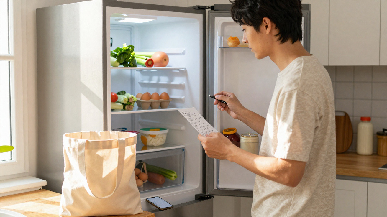 Pessoa a analisar lista de compras junto a frigorífico aberto com alimentos dentro na cozinha.
